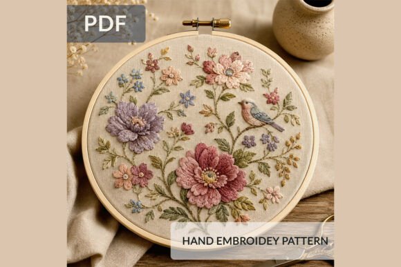 Floral Bird Hand Embroidery Pattern for Holiday Crafting